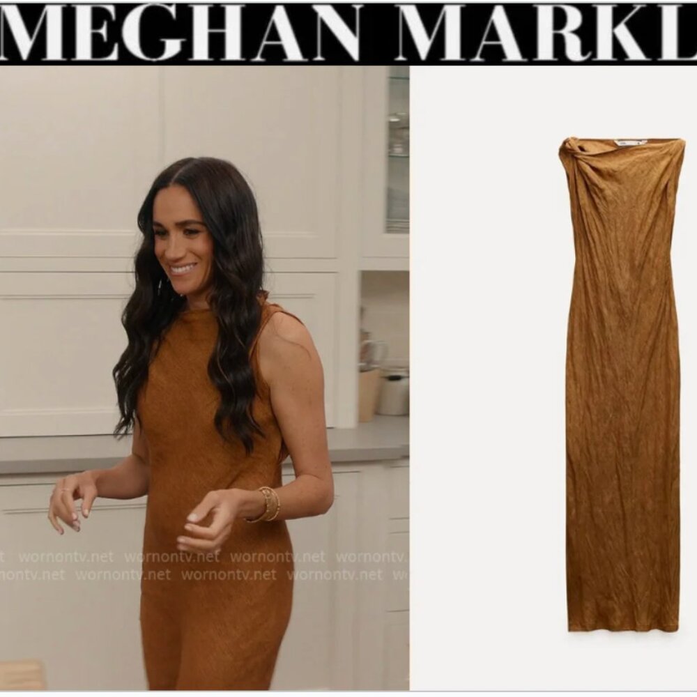 ZARA  WOMAN SS24 PLEATED 100% LINEN DRESS ZW COLLECTION COGNAC